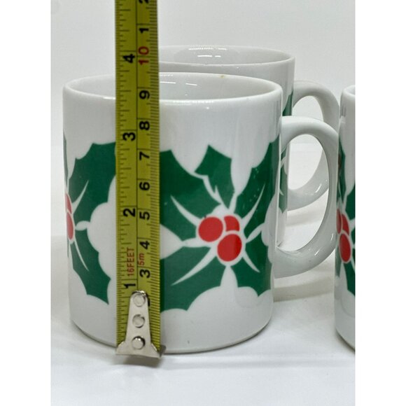 VTG 90s Holly Berry Christmas Mugs Set of 4, Green & Red Ceramic Coffee/Tea Cups - Picture 6 of 6